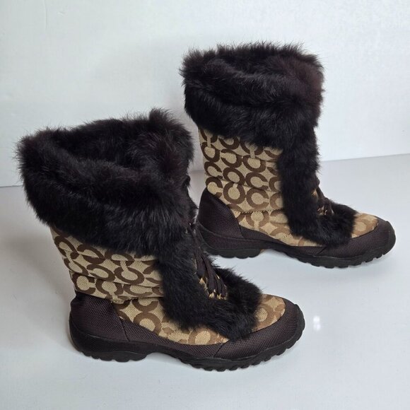 Coach Jennie Brown Khaki Signature Genuine Rabbit Fur Lace Up Boots Sz 6.5 Q522 - Picture 3 of 10